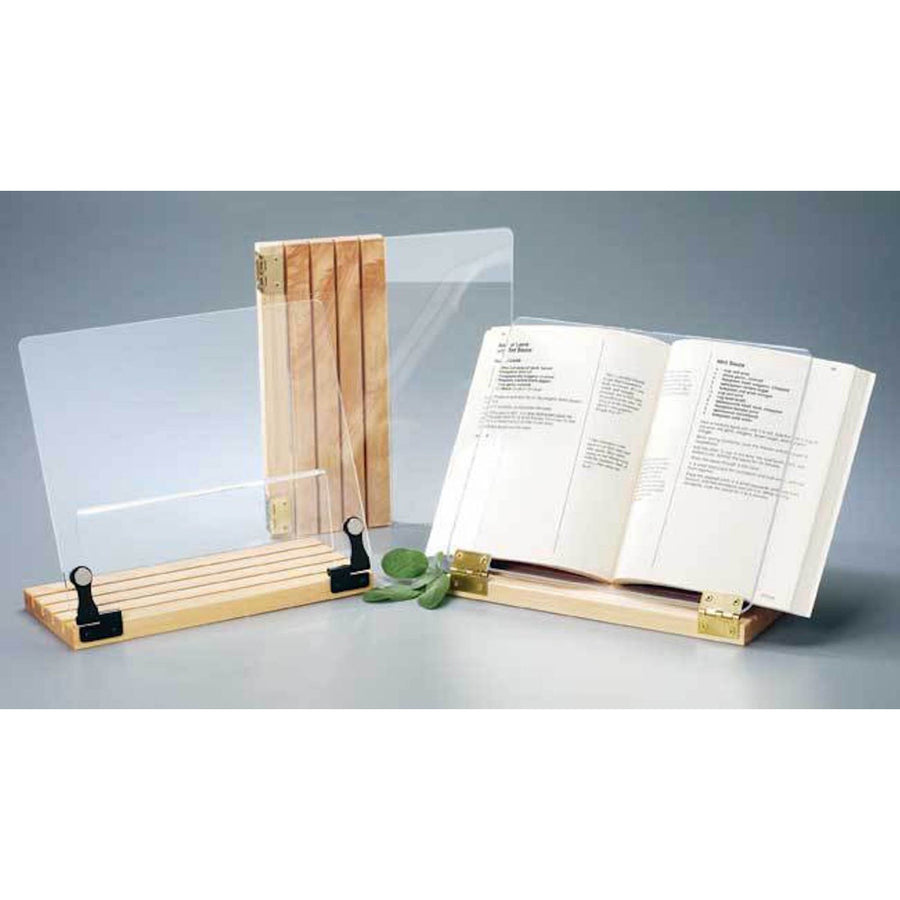 Original Hinged Cookbook Holder, Acrylic Shield w/Wood Base and Brass Plated Hinges, Made in the USA - LaPrima Shops ®
