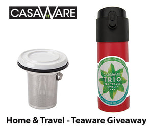 Win a casaWare Teaware, Home & Travel Set. (Tilt and Drip Tea Infuser and Red Trio 12oz/350ML Tea Travel Mug). $46 value