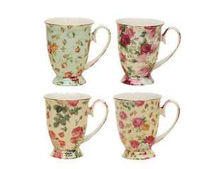 Gracie China Rose Chintz Porcelain Pedestal Mugs 9-Ounce Set of 4 Assorted with Gold Trim - LaPrima Shops ®