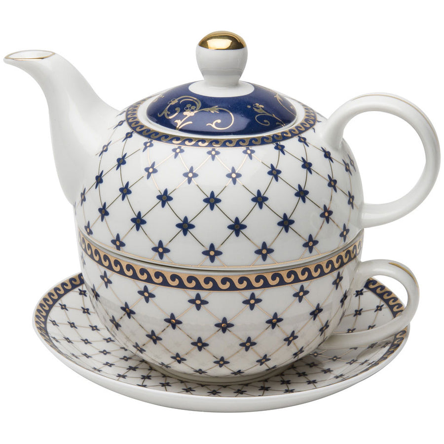 Grace Teaware Porcelain 4-Piece Tea For One (Trellis Blue Gold Trimmed) - LaPrima Shops ®