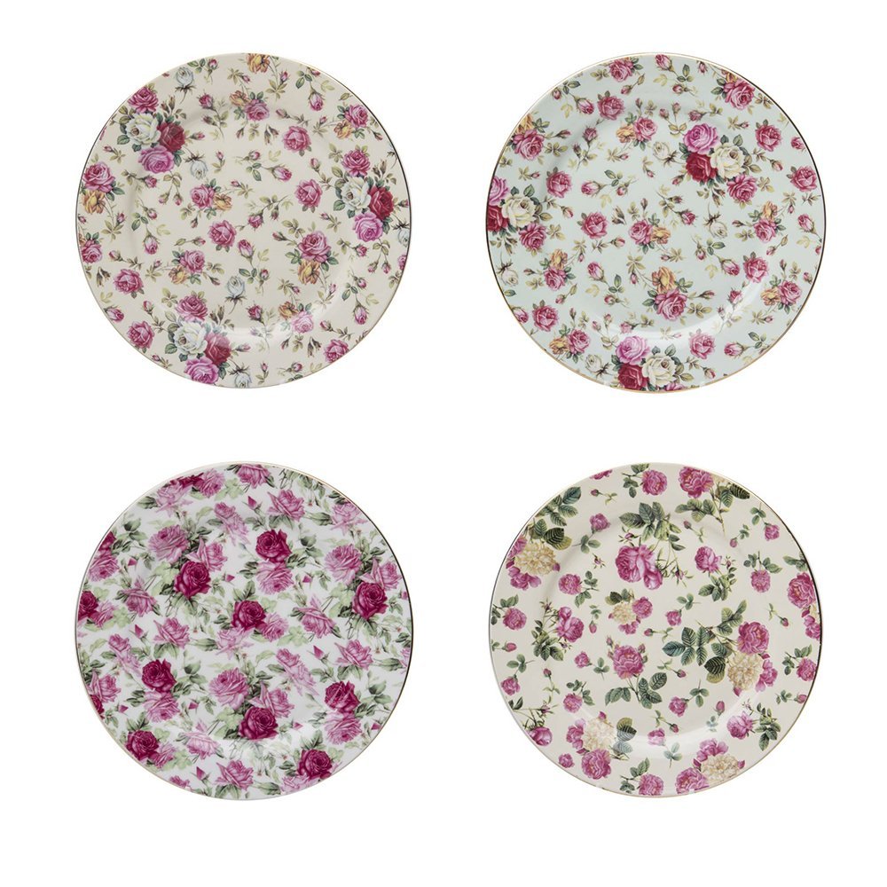 Gracie China Rose Chintz Porcelain Dessert Plates 8-Inch Set of