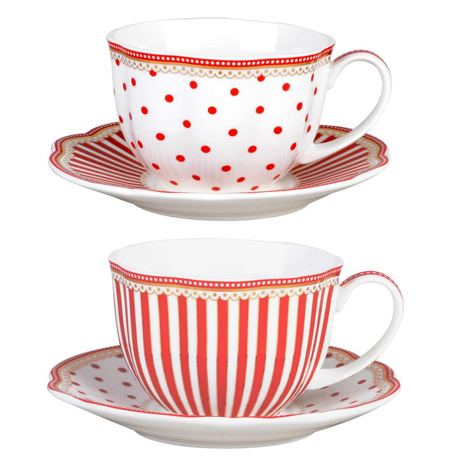 Grace Teaware Red Dot Stripes Scallop 9-Ounce Porcelain Tea/Coffee Cup and Saucer, Set of 2 - LaPrima Shops ®