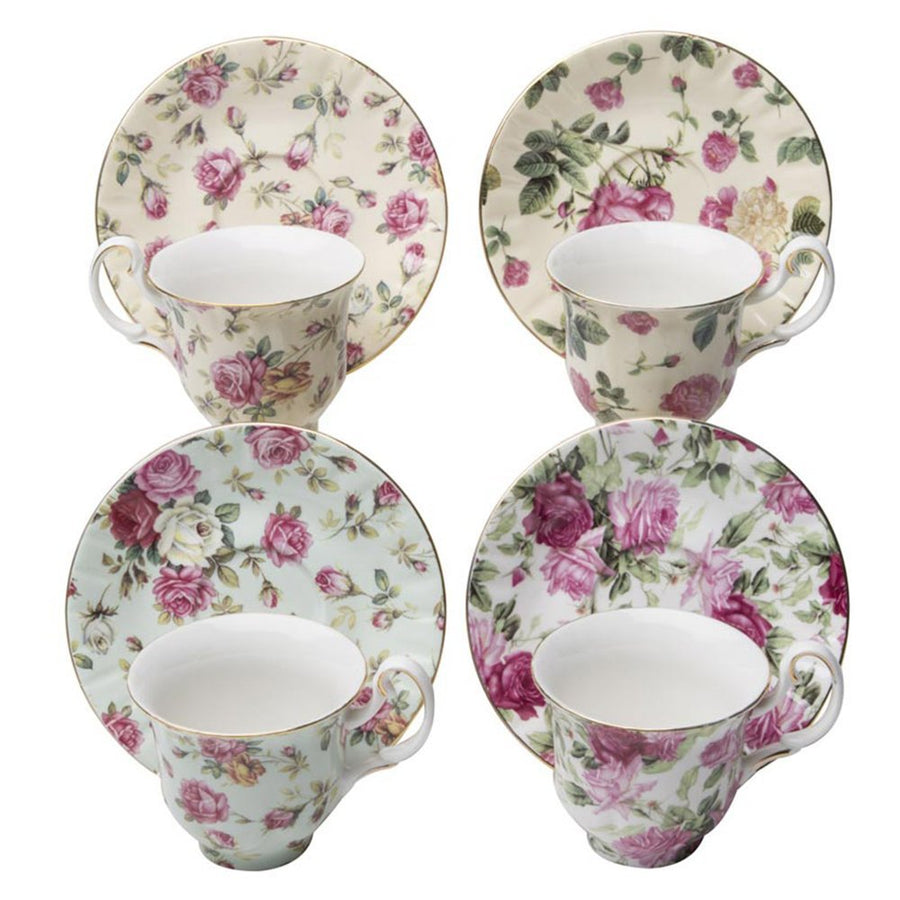 Gracie China Rose Chintz Porcelain Espresso Cup & Saucer 3-Ounce Set of 4 Assorted with Gold Trim - LaPrima Shops ®